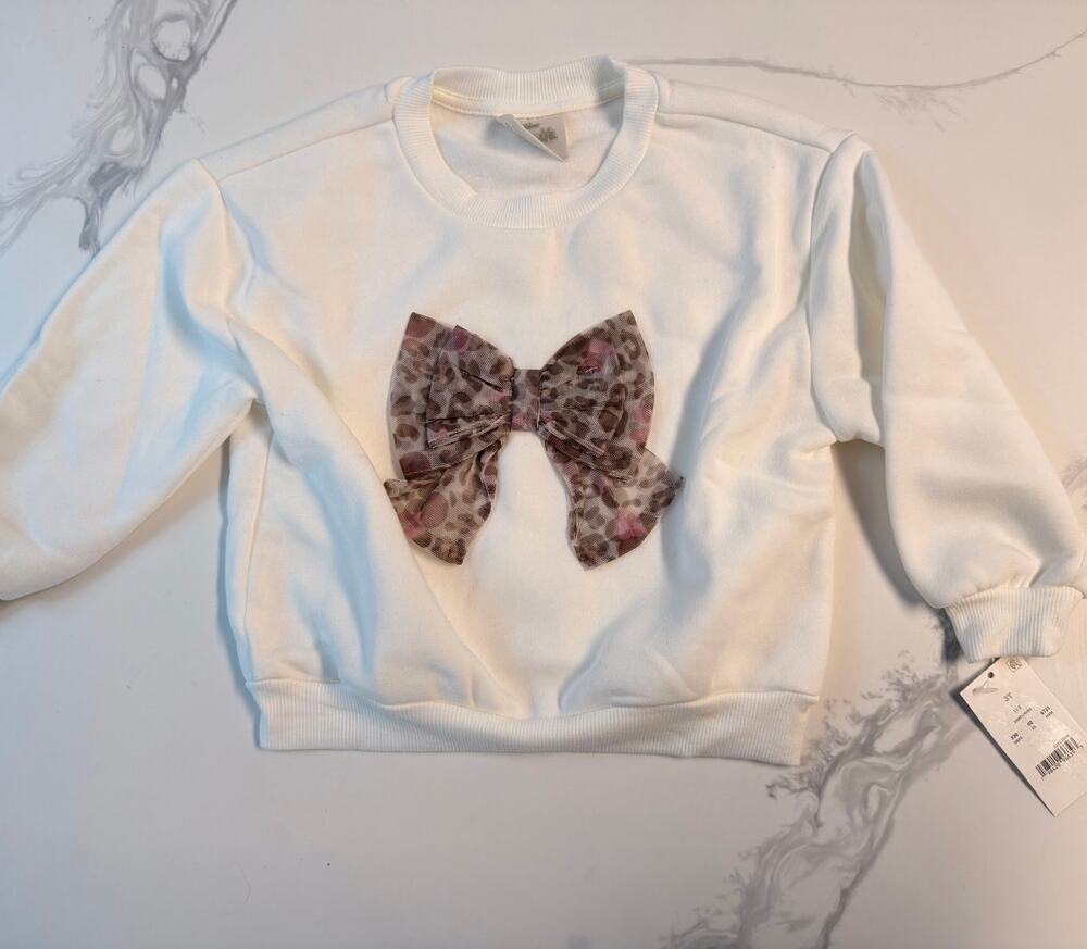 Disney Junior Minnie Mouse Girls Sweatshirt 3T Leopard Bow Cream NWT